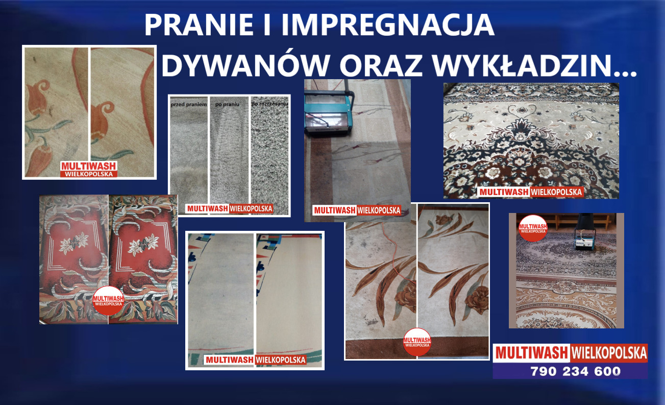 Kolaż zdjęć dywanów i wykładzin przed i po czyszczeniu, prezentujący efekty prania i impregnacji, z logo firmy Multiwash Wielkopolska i numerem telefonu.