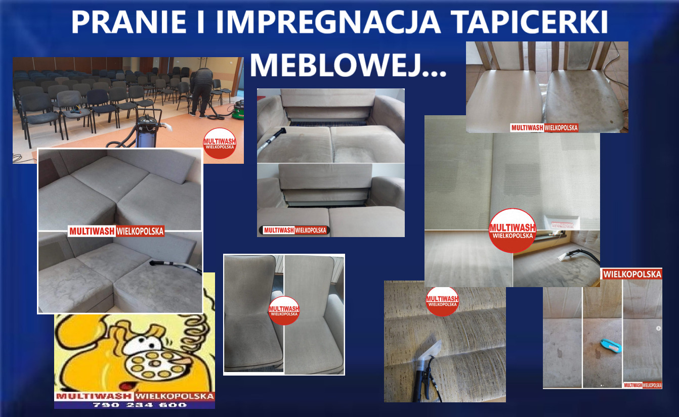 Kolaż zdjęć prezentujący proces czyszczenia tapicerki meblowej, w tym krzeseł i kanap, z widocznymi efektami przed i po zabiegu, oraz używanym sprzętem czyszczącym.