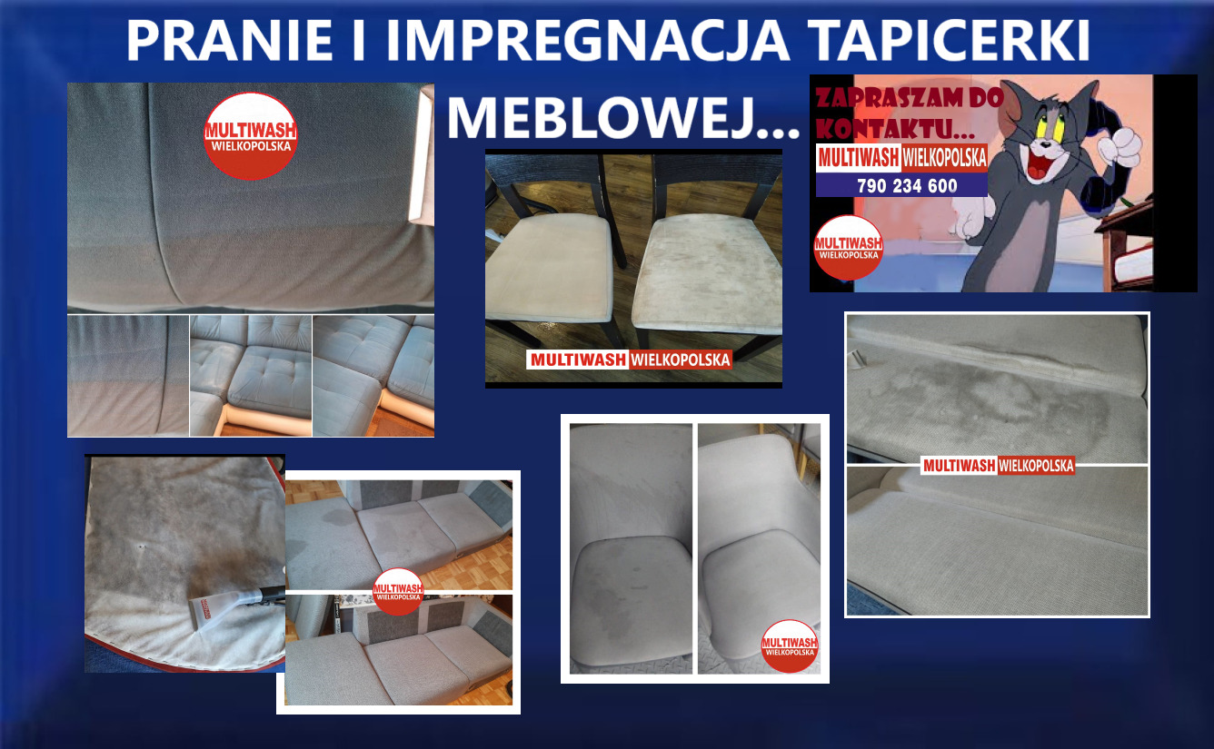 Kolaż zdjęć prezentujący efekty czyszczenia tapicerki meblowej, w tym krzeseł i kanap, z widocznym logo firmy i postacią z kreskówki zachęcającą do kontaktu.