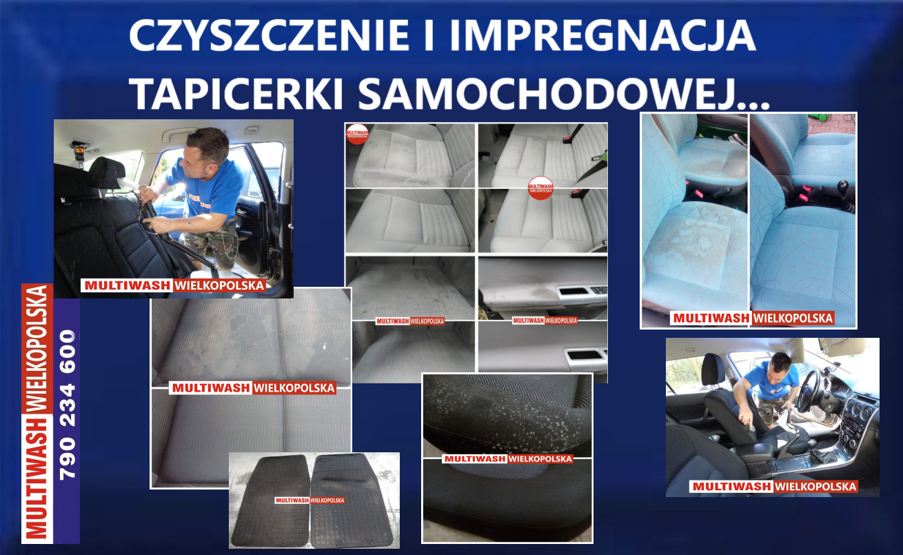 Kolaż zdjęć prezentujący czyszczenie i impregnację tapicerki samochodowej, w tym siedzeń, dywaników i boczków drzwiowych, z widocznymi plamami przed i po zabiegu oraz pracownikiem używającym...