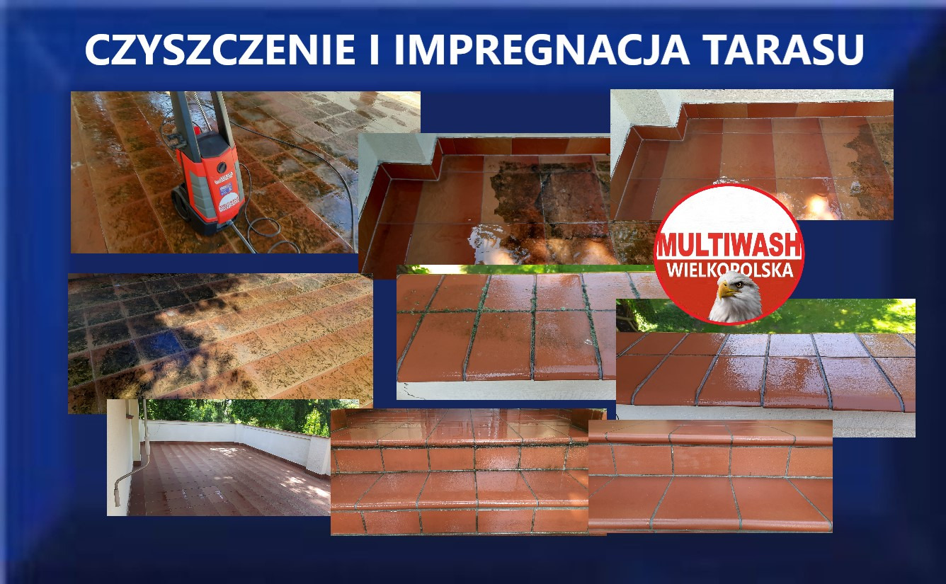 Montaż zdjęć przedstawiających czyszczenie i impregnację tarasu z terakoty, widoczny efekt przed i po, maszyna ciśnieniowa oraz logo firmy Multiwash Wielkopolska.