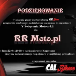 Graficzne podziękowanie od grupy motocyklowej CAL Bikers dla RR Moto.pl za pomoc w organizacji V Święcenia Motocykli, z datą 22.04.2018 i elementami motocykla w tle.