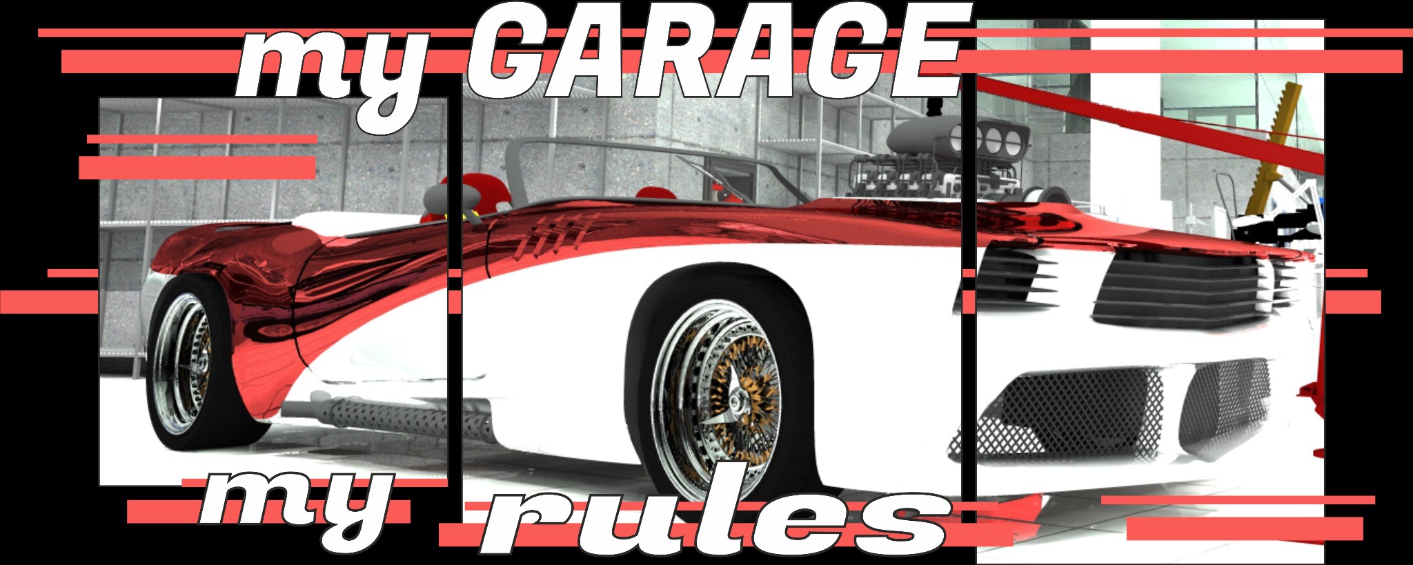 Renderowanie 3D czerwono-białego roadstera w garażu z napisem 'my GARAGE my rules'.