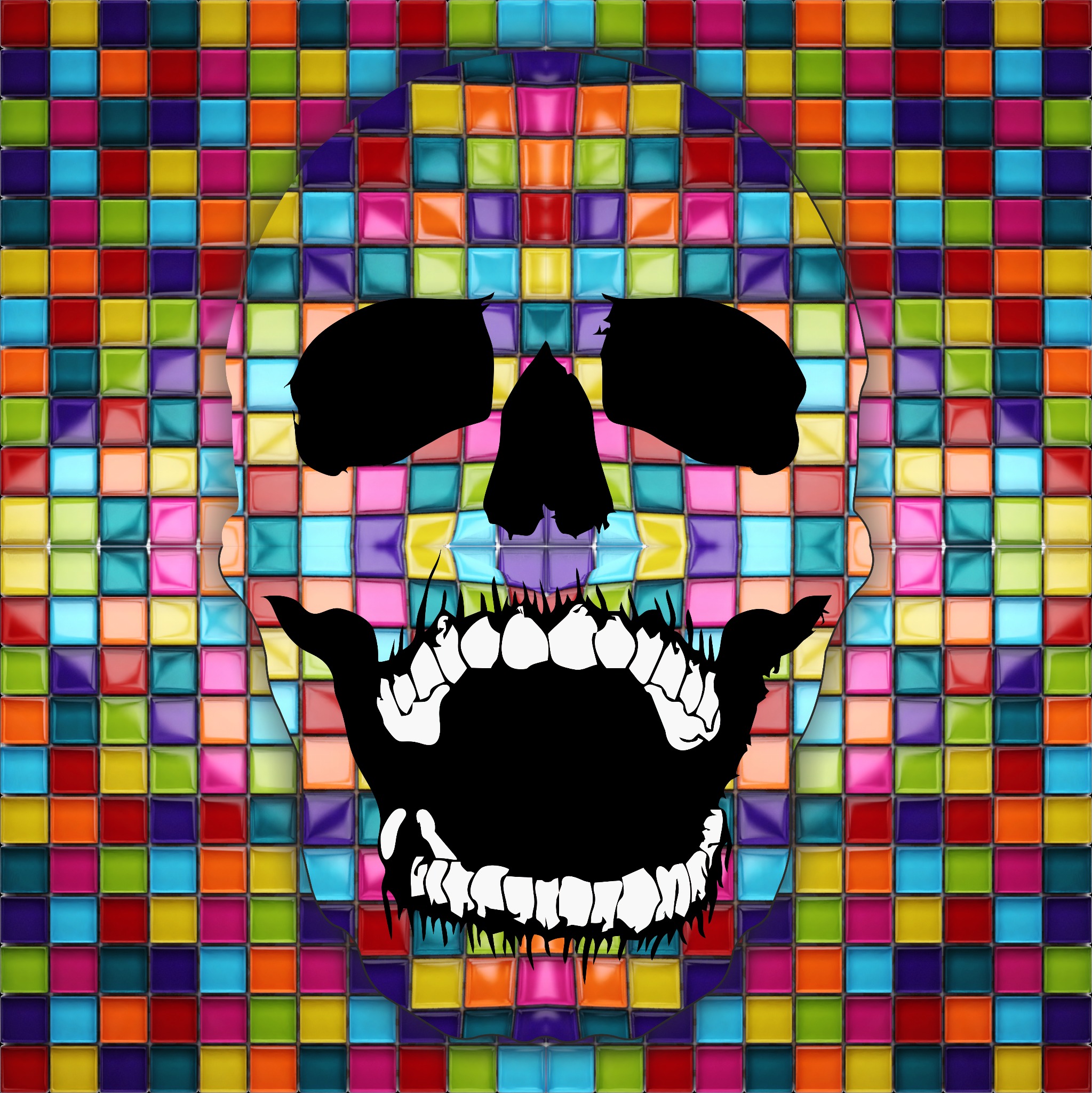 Grafika przedstawiająca czarną sylwetkę czaszki na tle mozaiki z kolorowych, błyszczących kwadratów.
