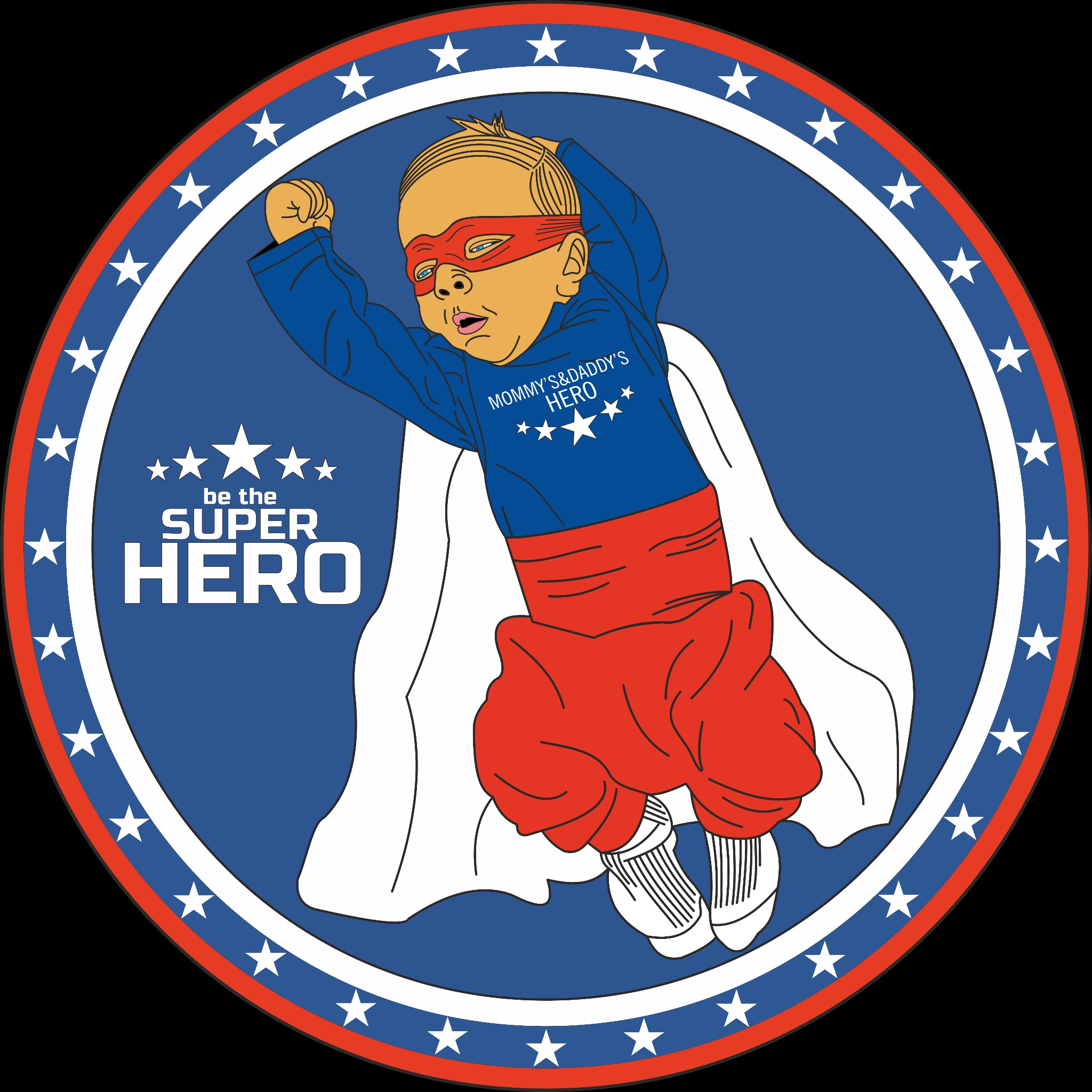 Ilustracja przedstawia niemowlę ubrane w kostium superbohatera, z czerwoną maską na oczach i peleryną, na tle okręgu z gwiazdami.