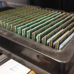 Rzędy modułów pamięci RAM zainstalowanych w serwerze, widoczne zielone płytki i czarne układy scalone, ułożone równolegle w czarnej obudowie.