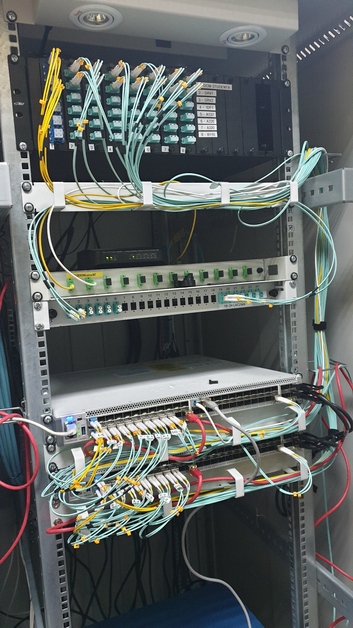 Szafa serwerowa z panelami krosowniczymi i światłowodami oznaczonymi etykietami, widok z bliska.