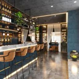 Nowoczesny bar z rzędem krzeseł barowych z czarnymi nogami i pomarańczowymi siedziskami, podświetlony blat z marmuru, oraz metalowe półki na butelki i rośliny.