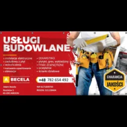 Baner reklamowy firmy budowlanej z ofertą usług, obejmującą instalacje elektryczne, dekarstwo, tynki i ocieplenia, prezentujący narzędzia budowlane i gwarancję jakości.