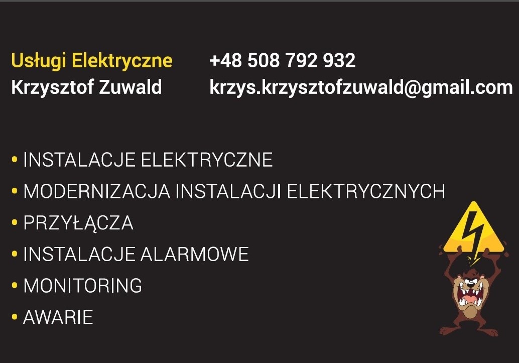 Wizytówka firmy Usługi Elektryczne Krzysztof Zuwald z numerem telefonu, adresem email i listą usług: instalacje elektryczne, modernizacja instalacji elektrycznych, przyłącza, instalacje alarmowe...