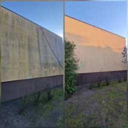 Zdjęcie elewacji budynku w układzie 'przed i po' myciu. Po lewej brudna, po prawej czysta. Widoczne krzewy i trawnik.