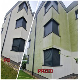 Mar Clean - Zdjęcie elewacji budynku podzielone na pół, ukazujące efekt przed i po czyszczeniu. Po lewej stronie czysta elewacja, po prawej zabrudzona zielonym nalotem.