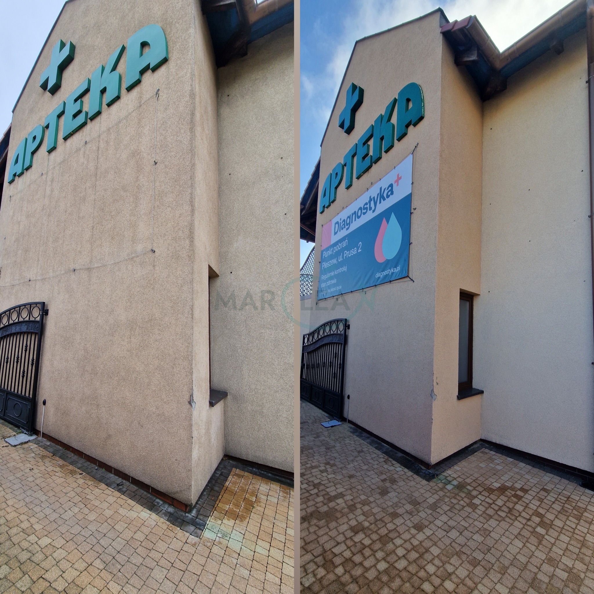 Porównanie: fragment elewacji budynku apteki i kostki brukowej przed i po czyszczeniu. Widoczny kontrast w kolorze i czystości. Brama wejściowa.
