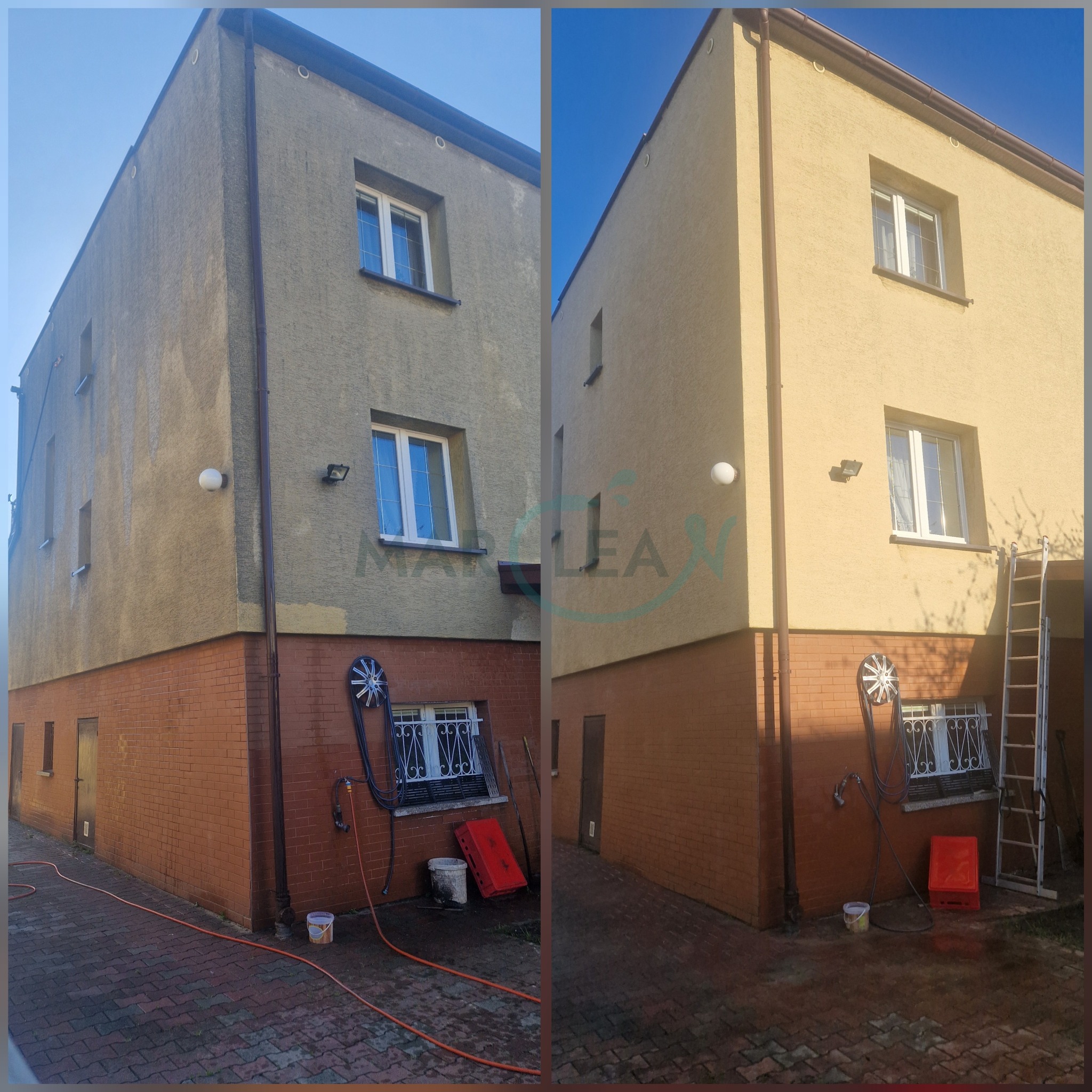 Zdjęcie elewacji budynku przed i po umyciu. Po prawej stronie elewacja jest czysta i ma jasny, żółty kolor, a po lewej widać zabrudzenia i ciemniejszy odcień.