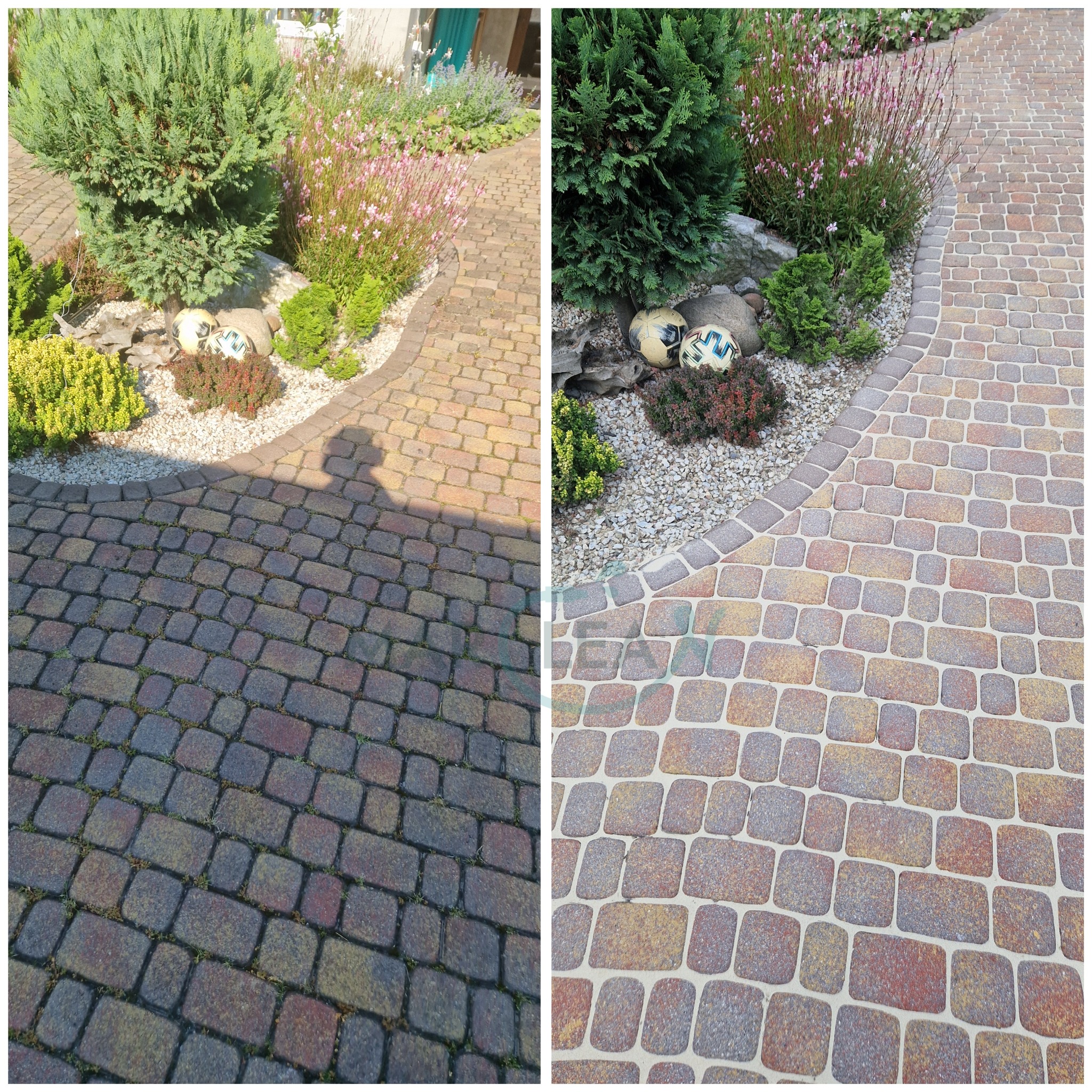 Porównanie: kostka brukowa przed i po czyszczeniu. Lewa strona ciemna, zabrudzona, prawa strona czysta, z widocznym kolorem. Dekoracyjne rośliny i kamienie w tle.