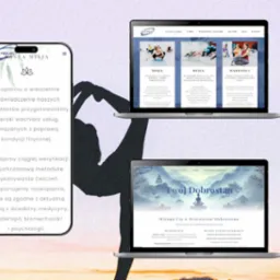 Prezentacja responsywnych stron internetowych na laptopach i smartfonie, z sylwetką osoby ćwiczącej jogę w tle.