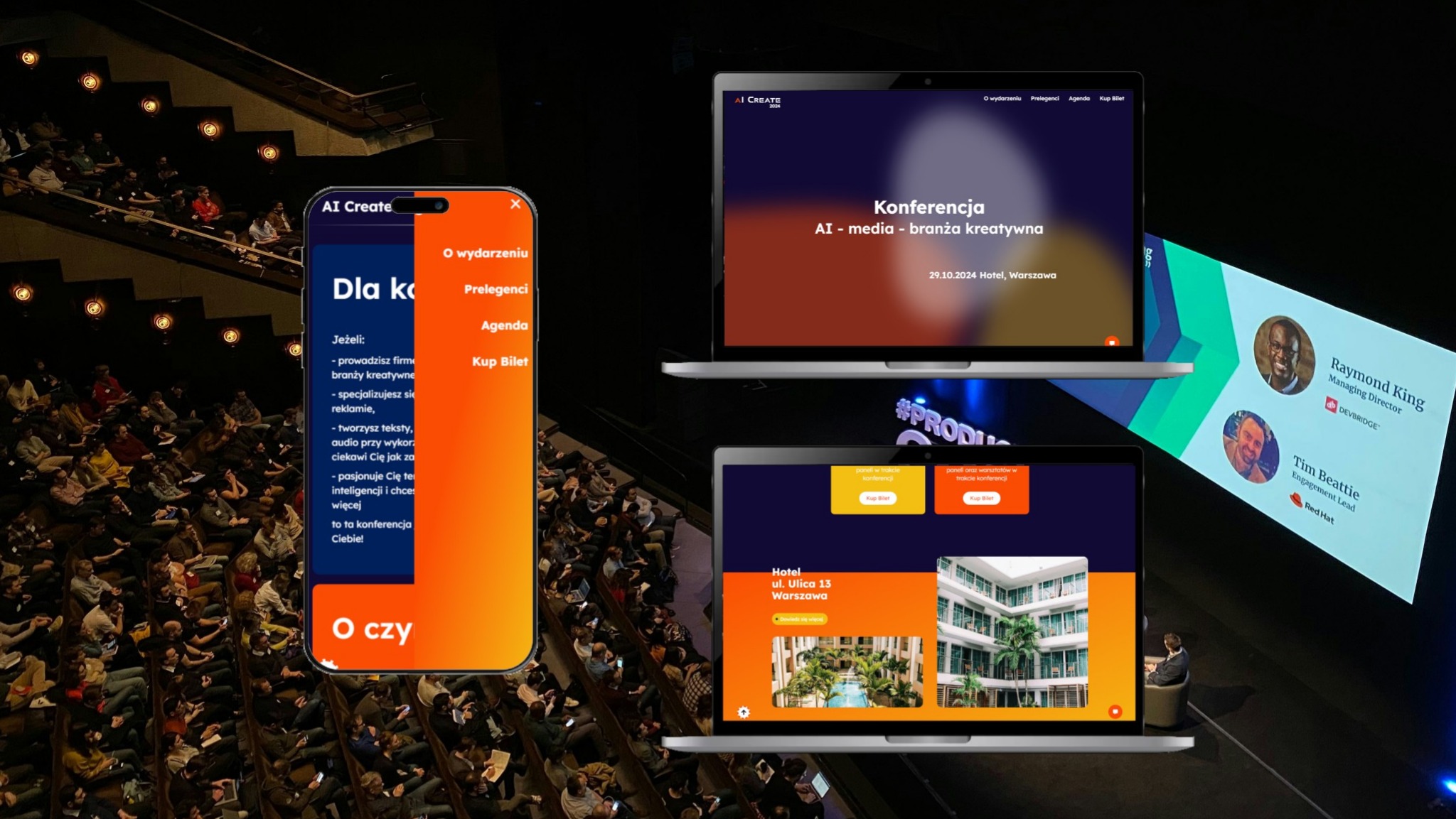 Ekrany laptopów i smartfona prezentujące stronę internetową konferencji AI Create na tle widowni wypełnionej uczestnikami.