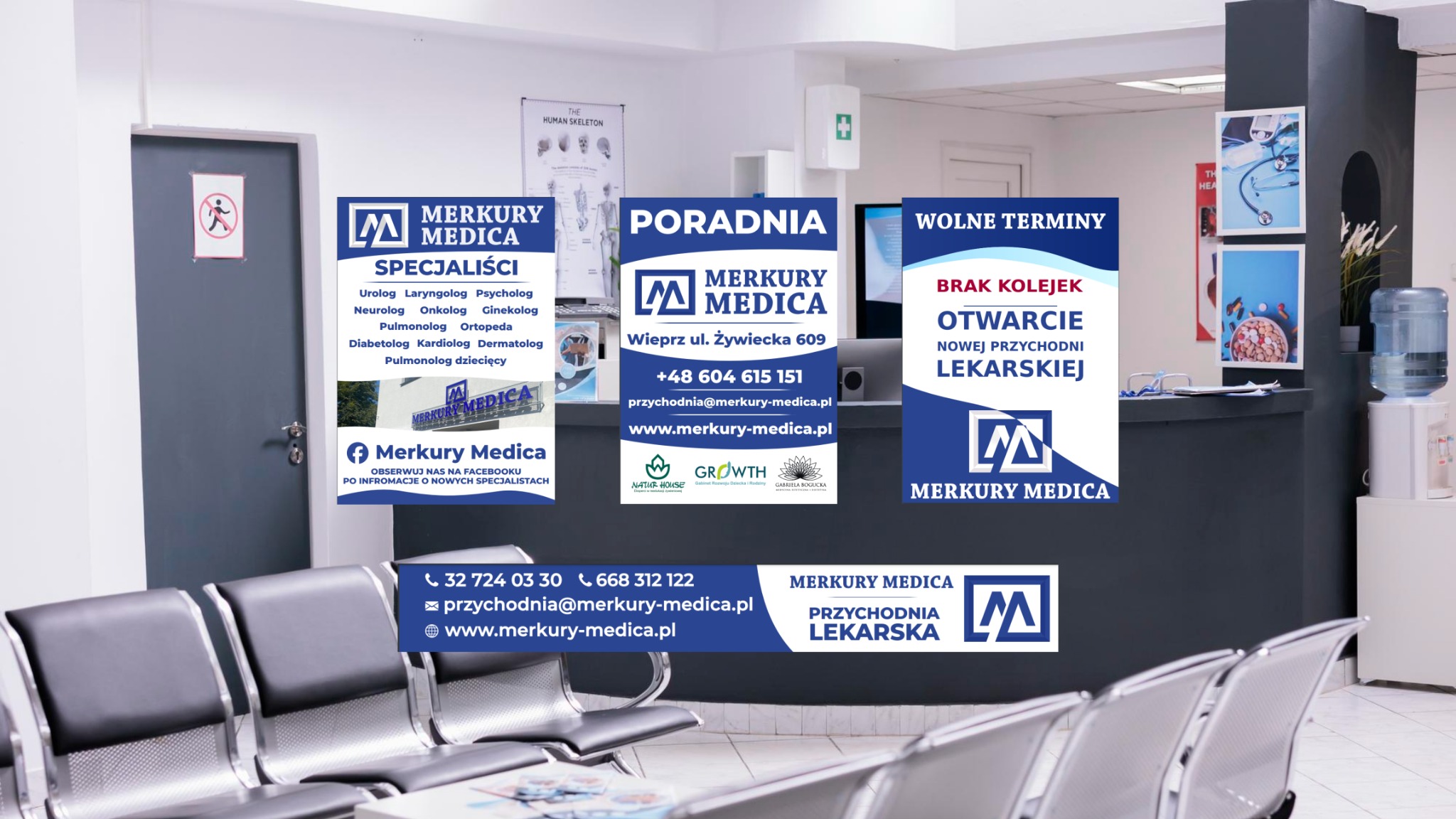 Wnętrze poczekalni przychodni Merkury Medica z informacjami o specjalistach, adresie i otwarciu nowej placówki. Widoczne plakaty i krzesła dla pacjentów.