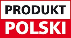 Logo 'Produkt Polski' na czerwonym tle z białym obramowaniem.