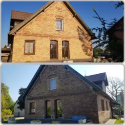 Dwukrotne ujęcie odnowionej, ceglanej elewacji budynku z datą '190-' nad oknem na poddaszu, z kwiatami w donicach przed budynkiem i zielenią w tle.