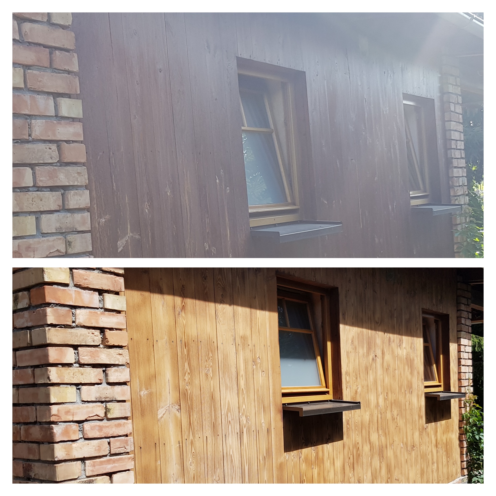 Porównanie elewacji budynku w Międzyrzeczu przed i po czyszczeniu. Górna część zdjęcia przedstawia elewację z ciemniejszego drewna, a dolna część ukazuje odnowioną, jaśniejszą powierzchnię...