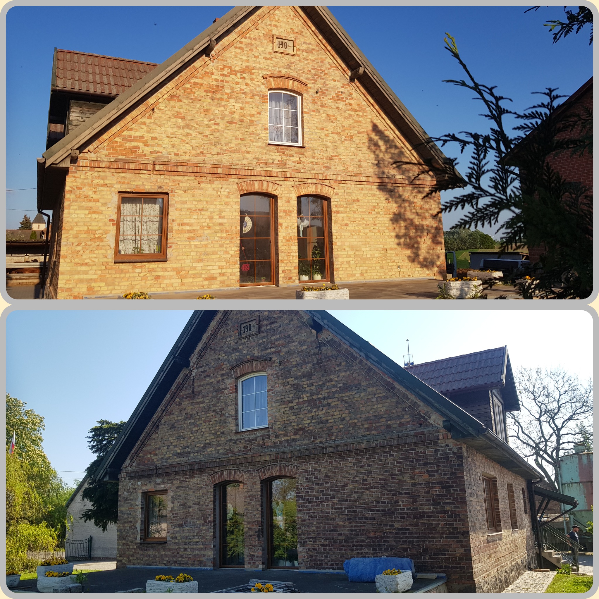 Dwukrotne ujęcie odnowionej, ceglanej elewacji budynku z datą '190-' nad oknem na poddaszu, z kwiatami w donicach przed budynkiem i zielenią w tle.