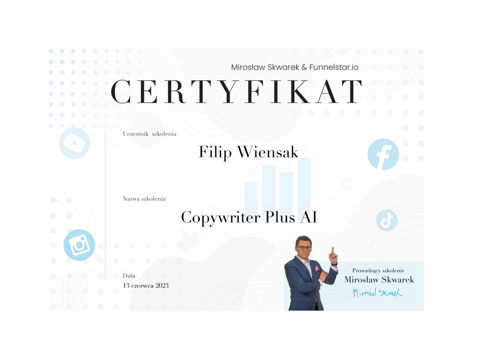 Certyfikat za uczestniczenie w wielu webinarach edukacyjnych na temat reklamy w internecie i copywritingu
