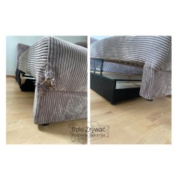 Boki Zrywać - Dwuobrazowe zestawienie: uszkodzony róg sofy z widocznymi strzępami tkaniny obiciowej oraz ten sam mebel z wysuniętym pojemnikiem na pościel, ukazujące stan przed renowacją