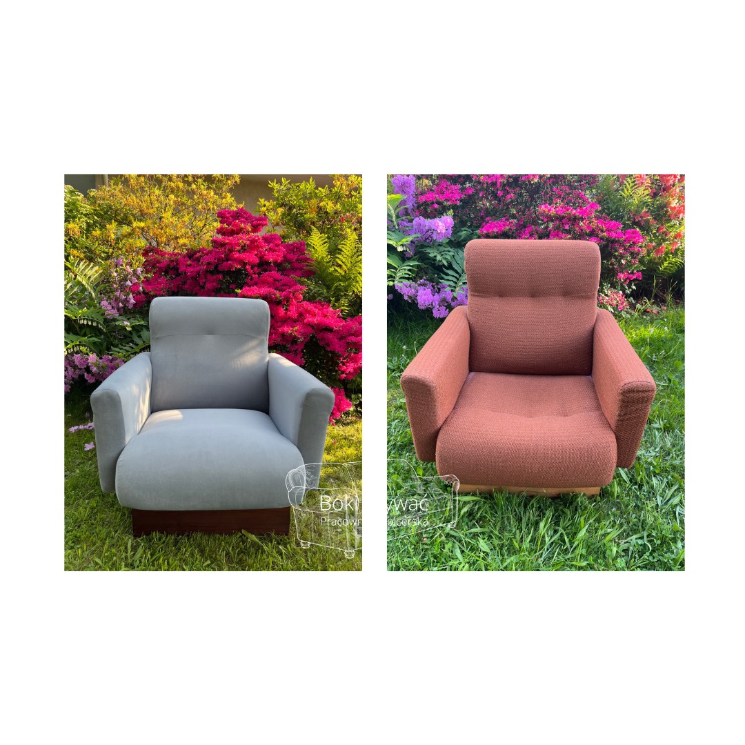 Dwa odnowione fotele: szary i brązowy, ustawione na trawie przed kwitnącymi krzewami, prezentacja efektu renowacji.
