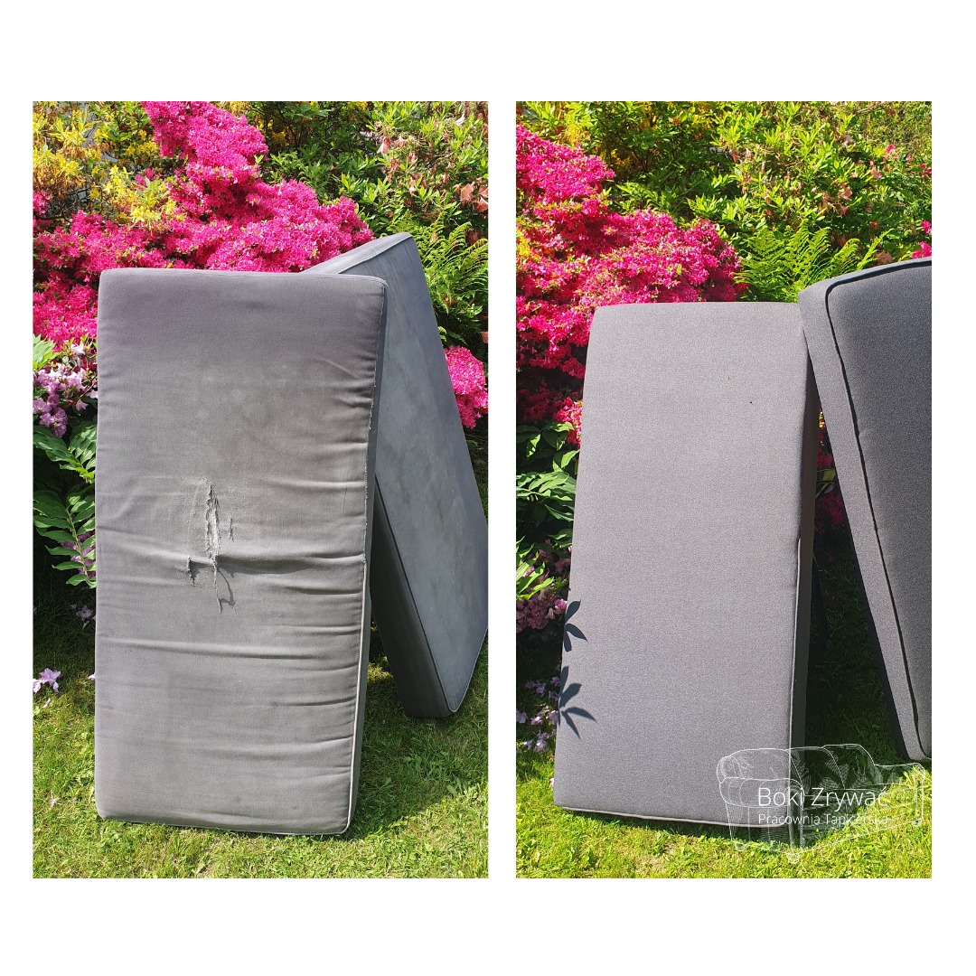 Dwa zdjęcia przed i po renowacji tapicerki materaca ogrodowego: po lewej z dziurą i przetarciami, po prawej odnowiony, na tle kwitnących krzewów.