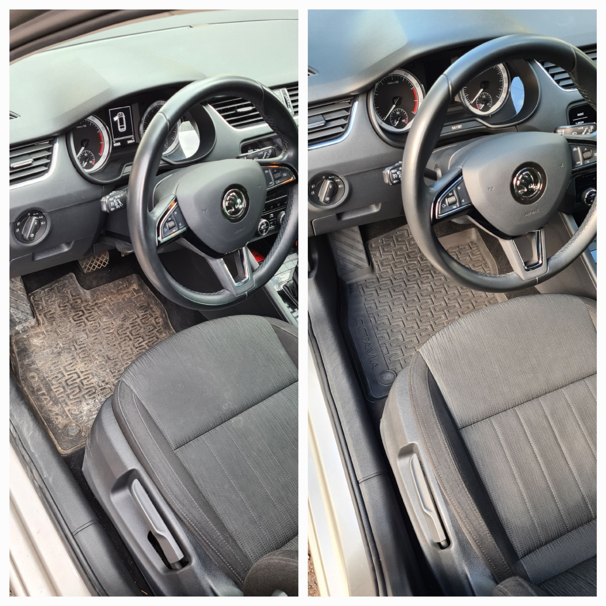 Porównanie wnętrza samochodu Skoda Octavia przed i po czyszczeniu: brudny dywanik i fotel kierowcy po lewej, czyste po prawej, deska rozdzielcza i kierownica widoczne w obu ujęciach.