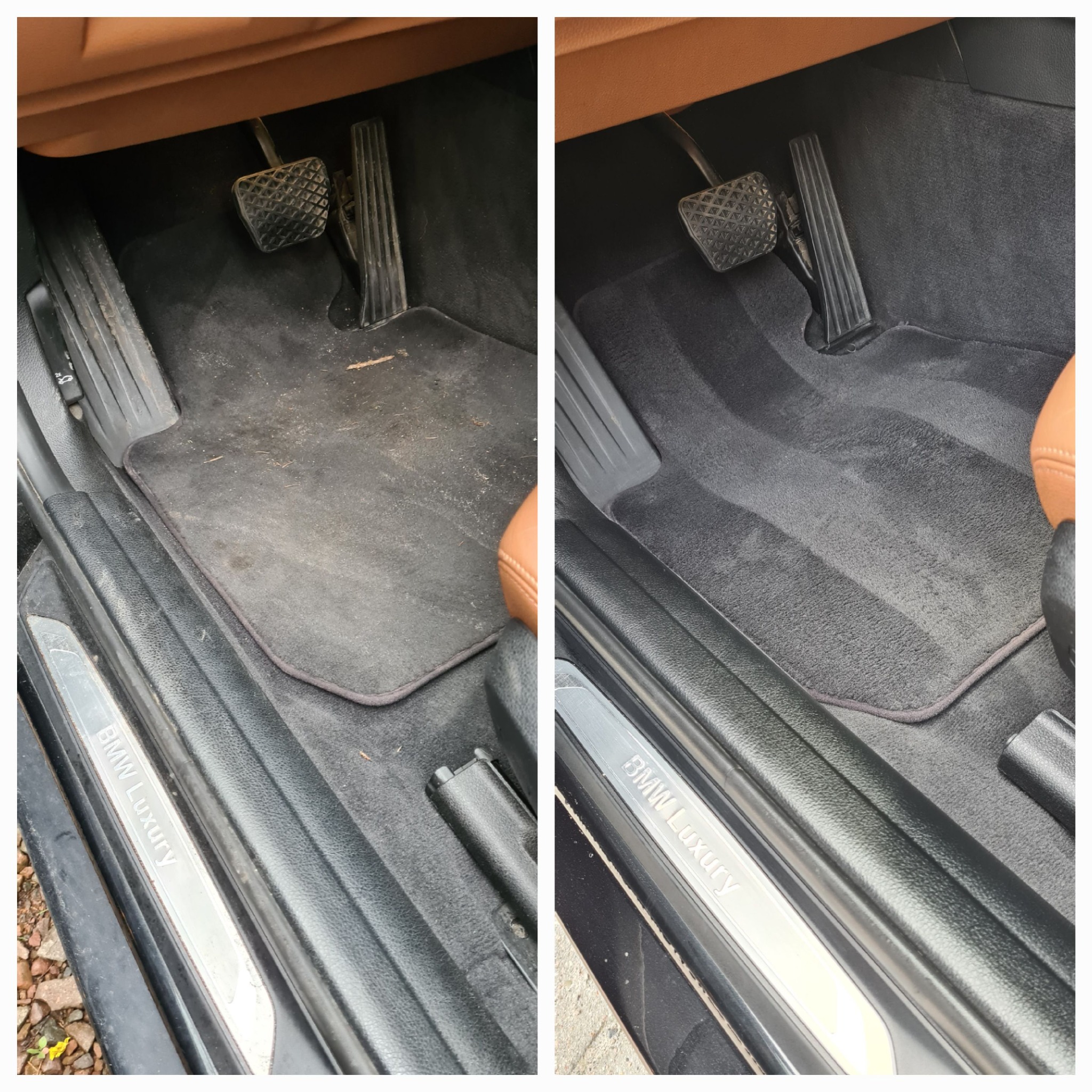 Porównanie stanu dywanika samochodowego BMW przed i po czyszczeniu, widoczne różnice w zabrudzeniach i odświeżonym wyglądzie włókien.