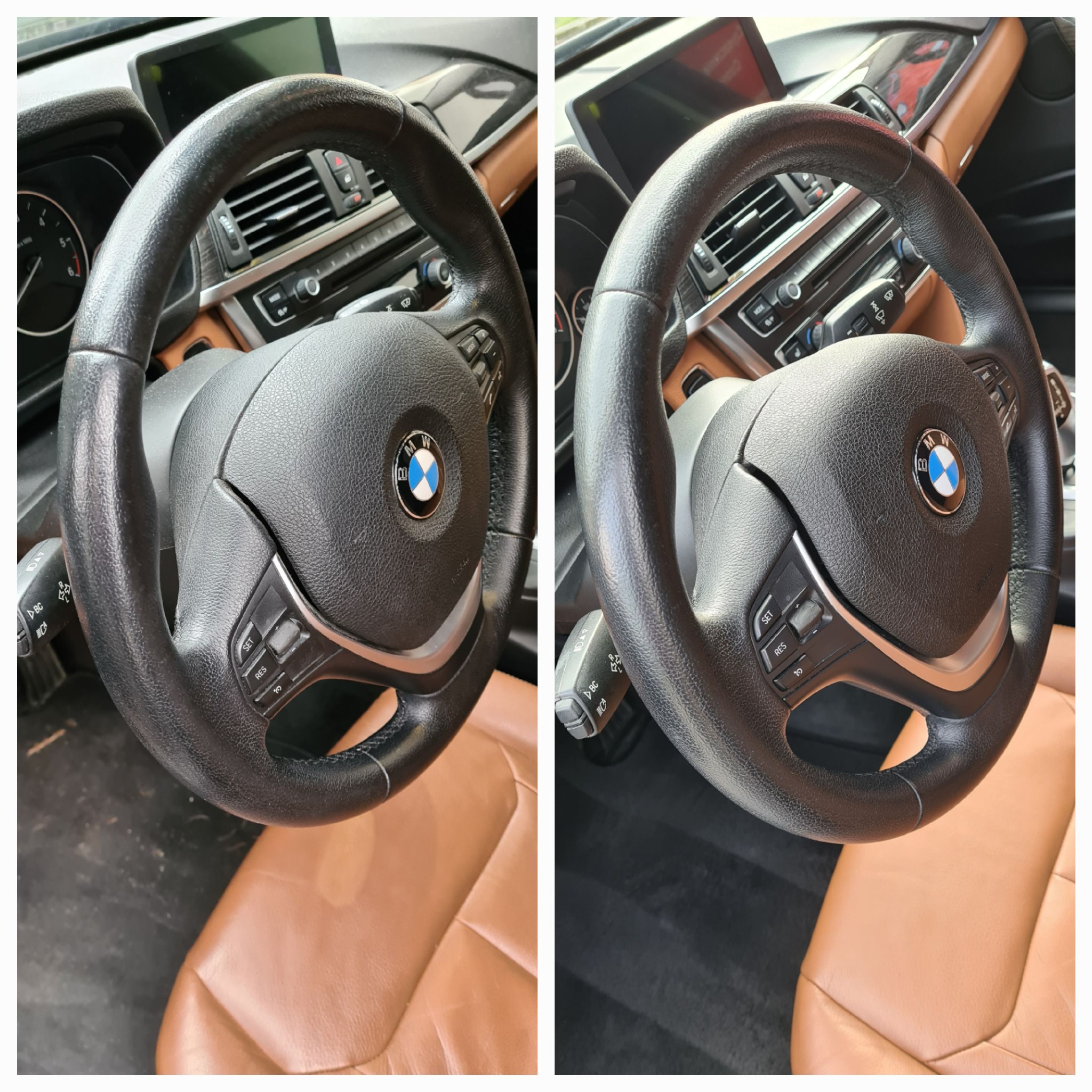 Porównanie kierownicy BMW przed i po czyszczeniu, widoczne różnice w fakturze i połysku skóry, brązowe skórzane siedzenie w tle.