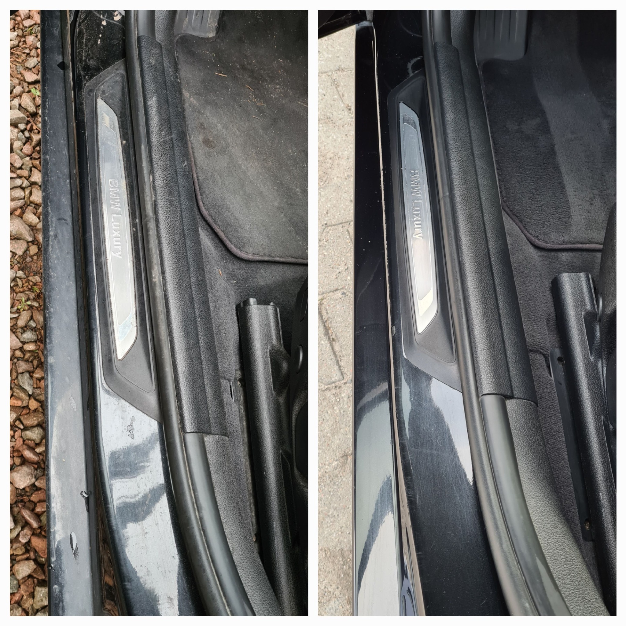 Porównanie stanu progu i dywanika samochodowego BMW Luxury przed i po czyszczeniu, widoczne różnice w zabrudzeniach i połysku.