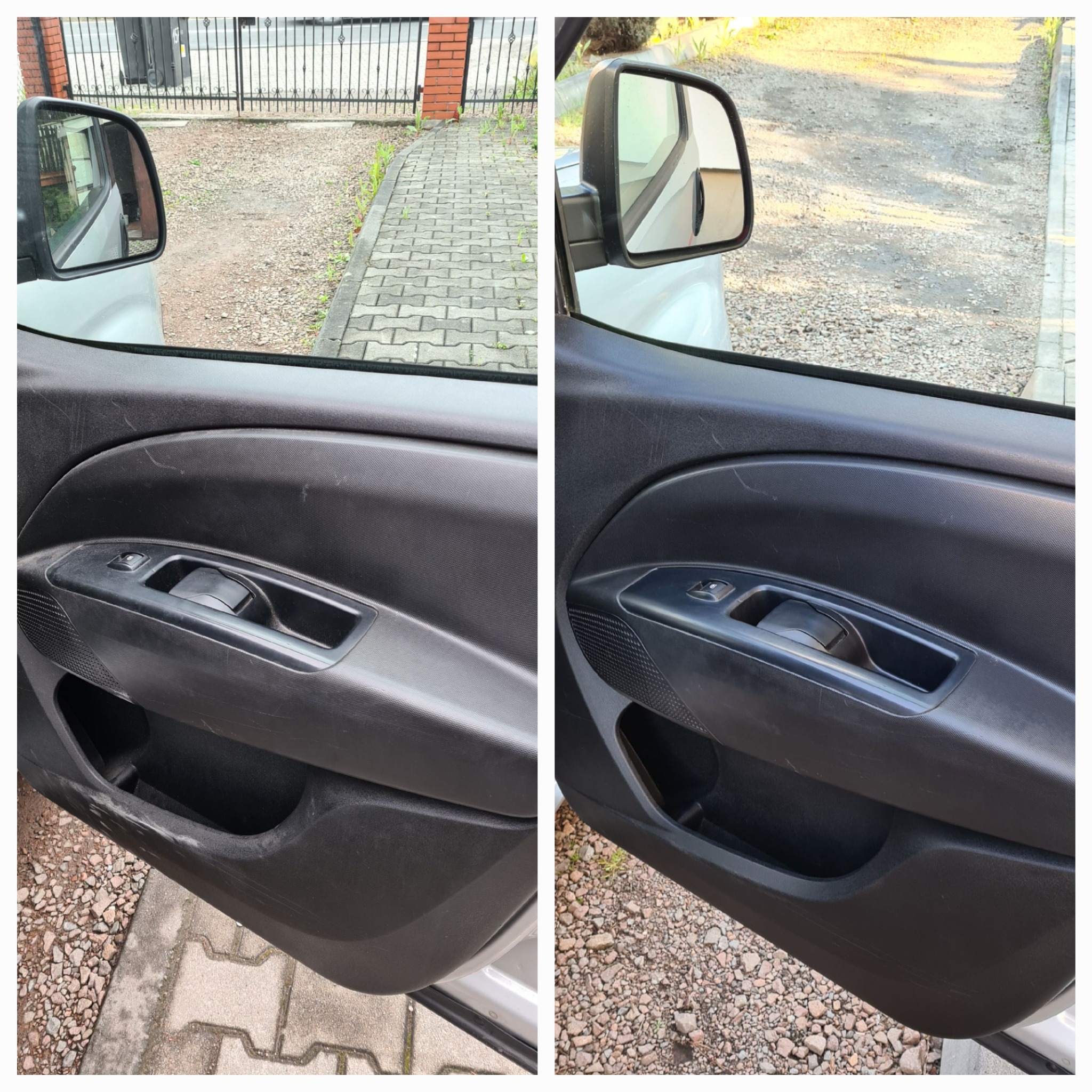 Porównanie wnętrza drzwi samochodu: przed i po czyszczeniu. Lewa strona z widocznymi zabrudzeniami i zarysowaniami, prawa strona po zabiegu odświeżającym, z wyraźnie czystszą powierzchnią.