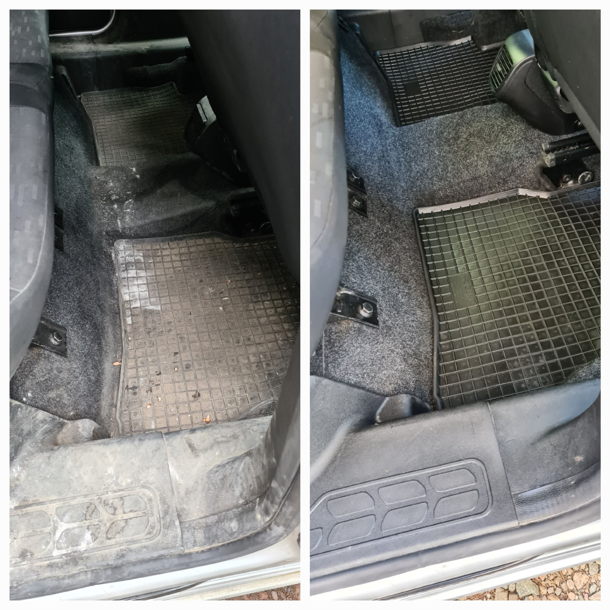 Porównanie czyszczenia dywanika samochodowego: po lewej brudny, po prawej wyczyszczony, z widoczną różnicą w kolorze i usuniętych zabrudzeniach.