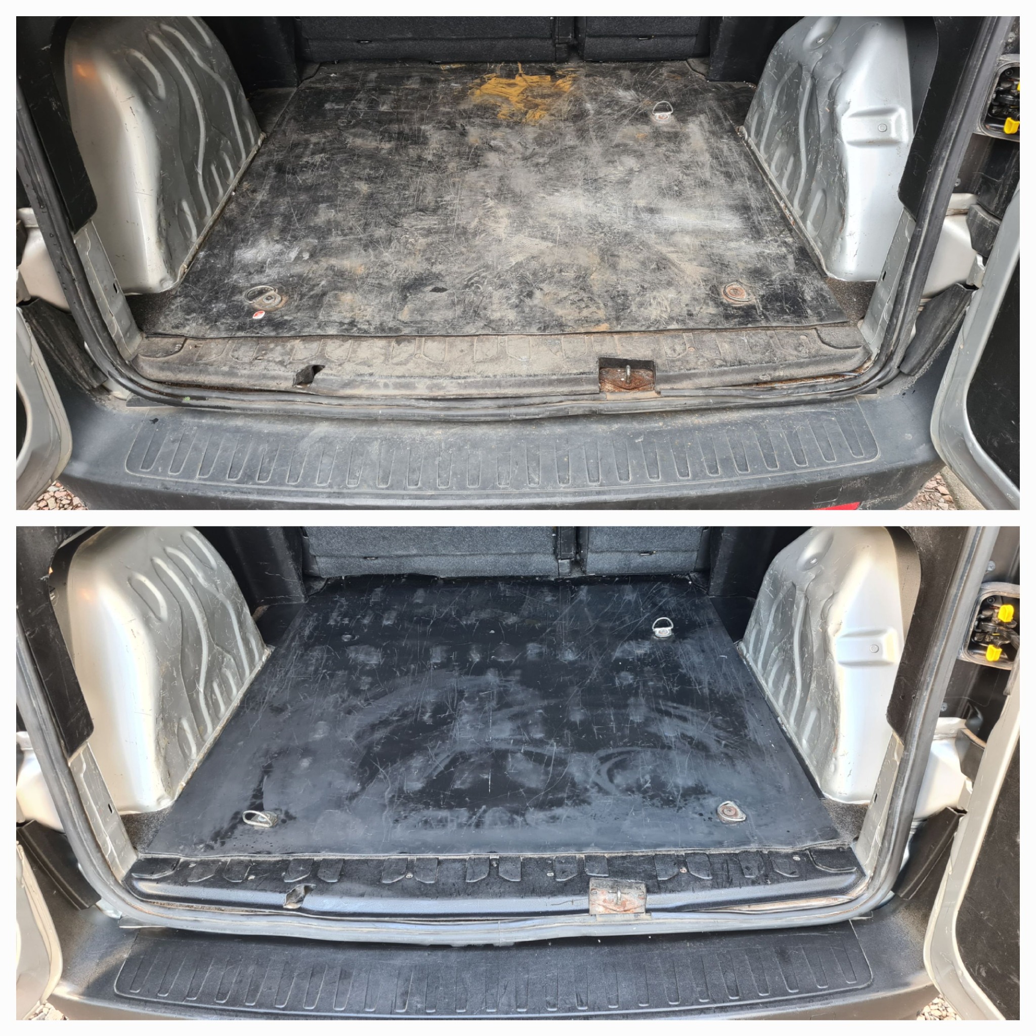 Porównanie stanu bagażnika samochodu dostawczego przed i po czyszczeniu, widoczne różnice w poziomie zabrudzeń na czarnej, gumowej podłodze bagażnika i srebrnych ścianach bocznych.