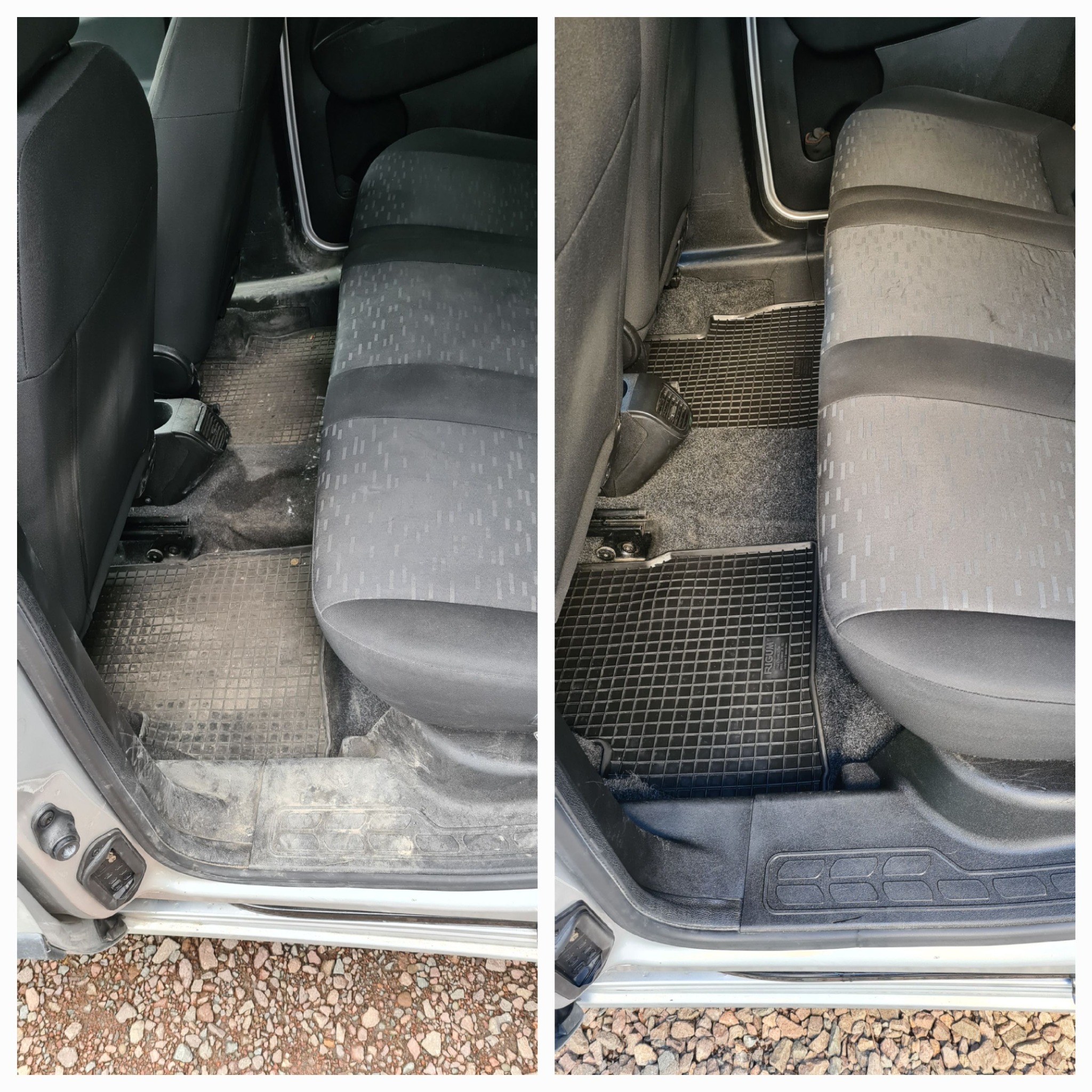 Porównanie stanu wnętrza samochodu przed i po czyszczeniu w Wielkich Drogach. Widok na tylne siedzenie i podłogę: po lewej stronie brudne dywaniki i tapicerka, po prawej - czyste.