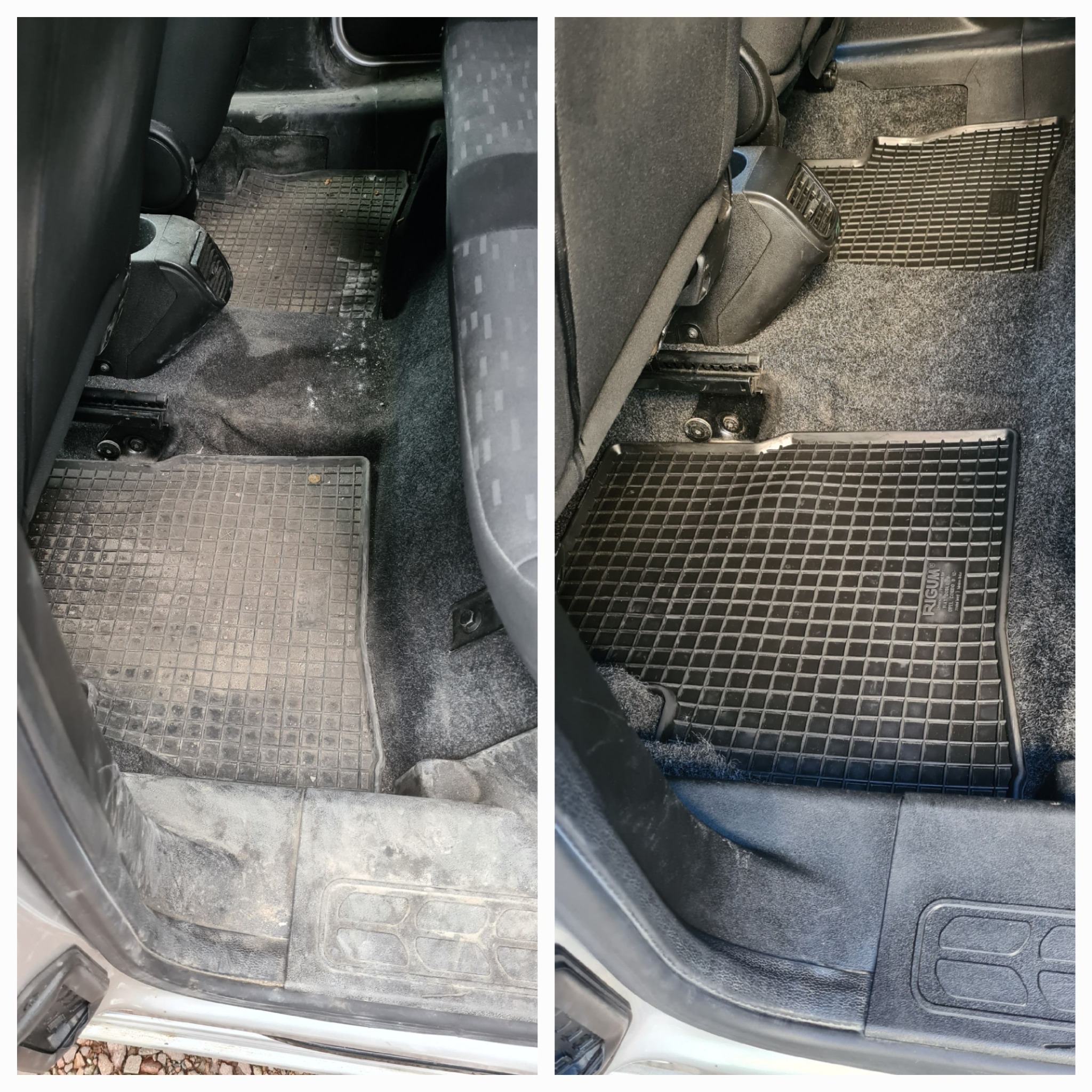 Porównanie stanu podłogi samochodu przed i po czyszczeniu, z widocznymi gumowymi dywanikami. Po lewej stronie zabrudzony dywanik i podłoga, po prawej czysty dywanik z logo Rigum i odkurzona podłoga.