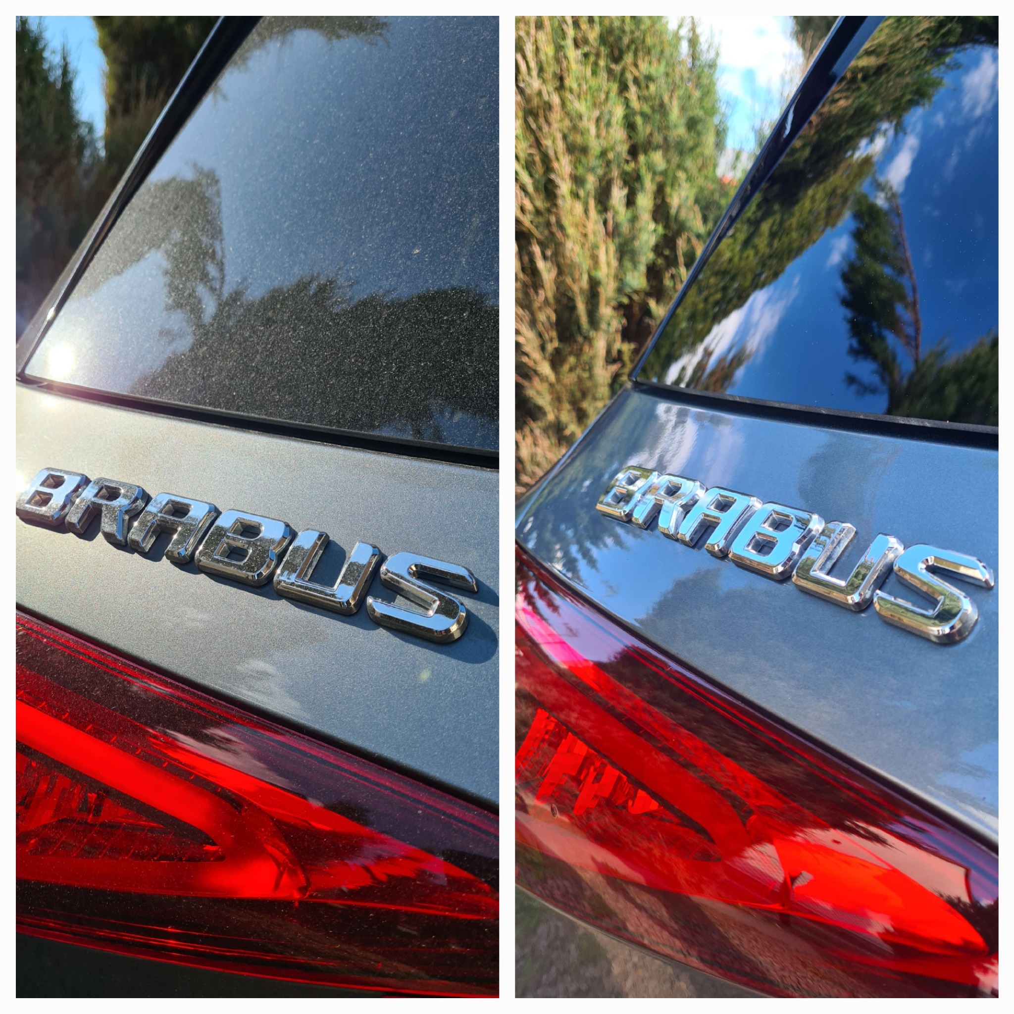 Porównanie tylnej klapy samochodu Brabus przed i po umyciu, widoczne różnice w czystości lakieru i chromowanego napisu.