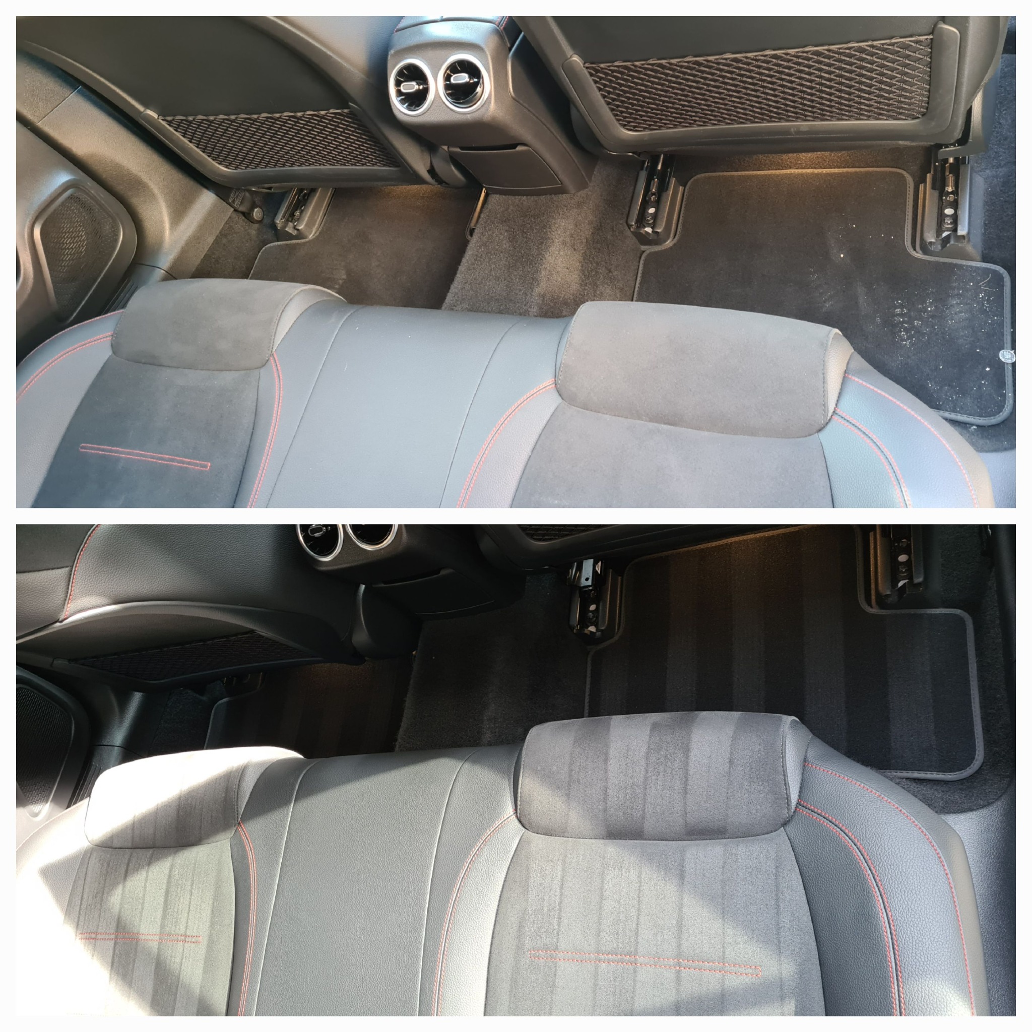 Porównanie stanu tylnej kanapy i dywaników samochodowych przed i po czyszczeniu, widoczne różnice w odcieniu i czystości.