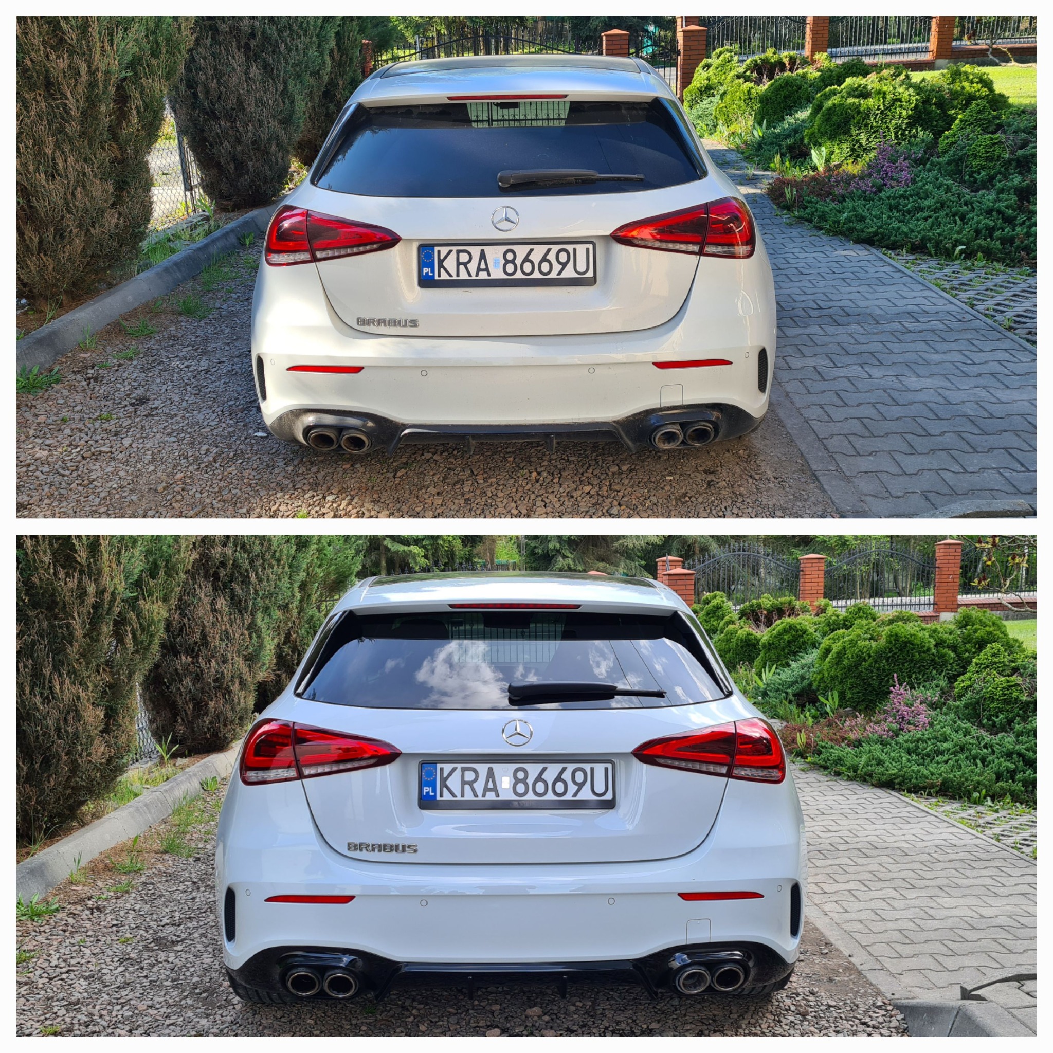 Dwa ujęcia tyłu białego samochodu Brabus Mercedes A-klasy z krakowską rejestracją, zaparkowanego na żwirowym podjeździe w otoczeniu zieleni.