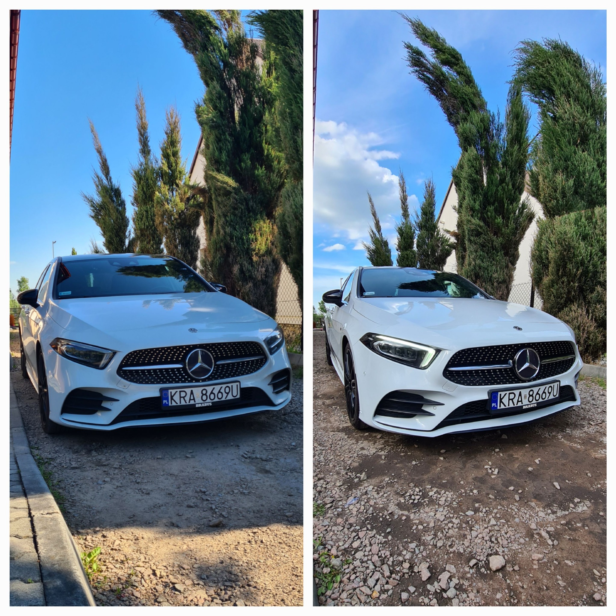 Dwa ujęcia białego Mercedesa A-klasy na żwirowym podjeździe, z wysokimi cyprysami w tle i błękitnym niebem z delikatnymi chmurami, jedno z włączonymi światłami dziennymi.