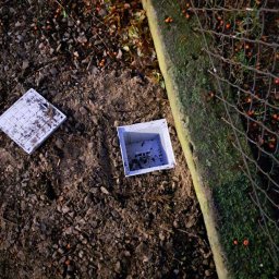 Oscar Kamil Osinski - Otwarty, biały właz podziemnej instalacji elektrycznej na ziemi z kamieniami i pomarańczowymi owocami, obok zarośniętego mchem betonowego obrzeża i metalowej siatki ogrodzeniowej.