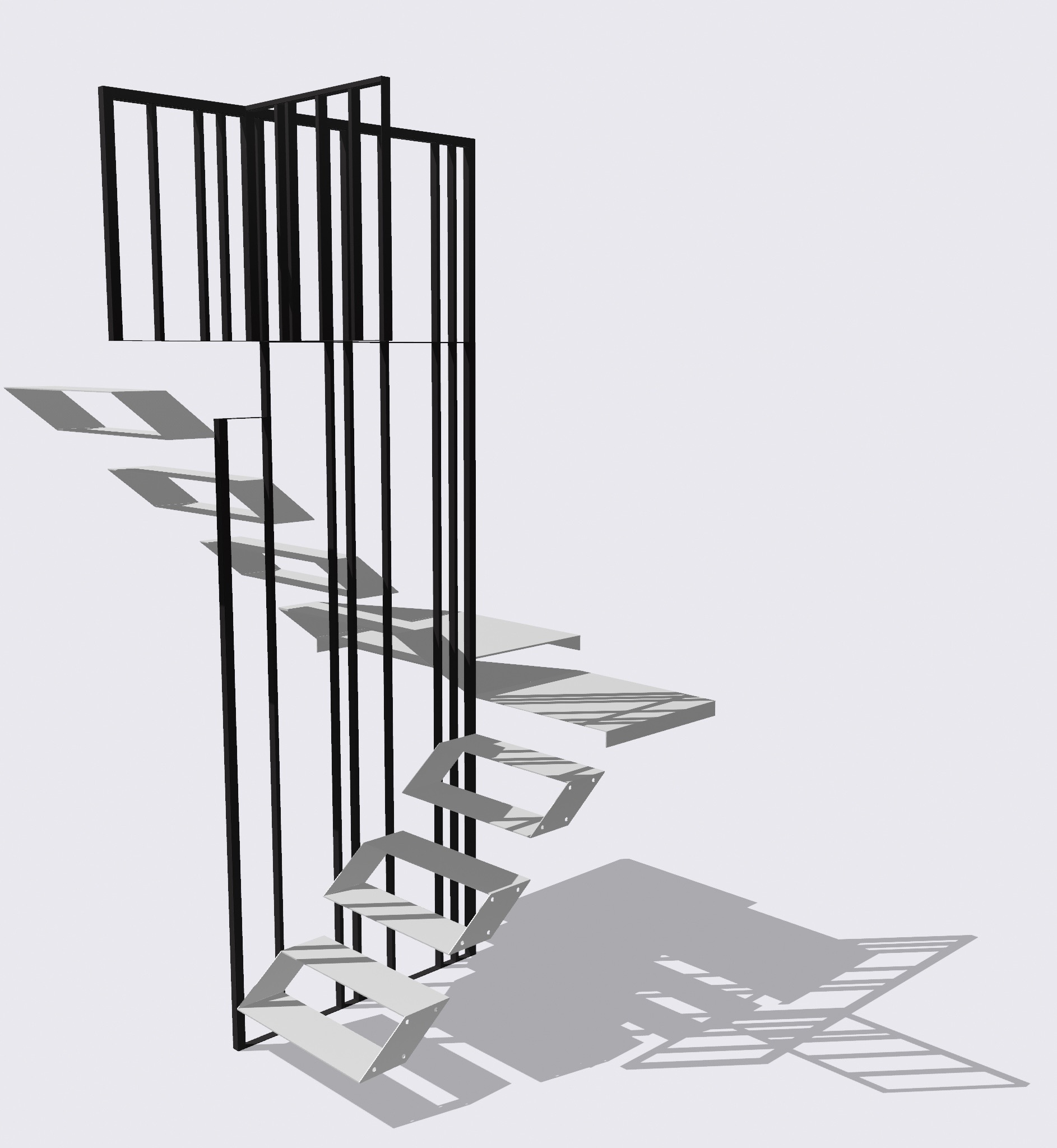 Wizualizacja projektu schodów metalowych z czarną, minimalistyczną balustradą, prezentująca ażurowe stopnie i geometryczne cienie na jasnym tle.