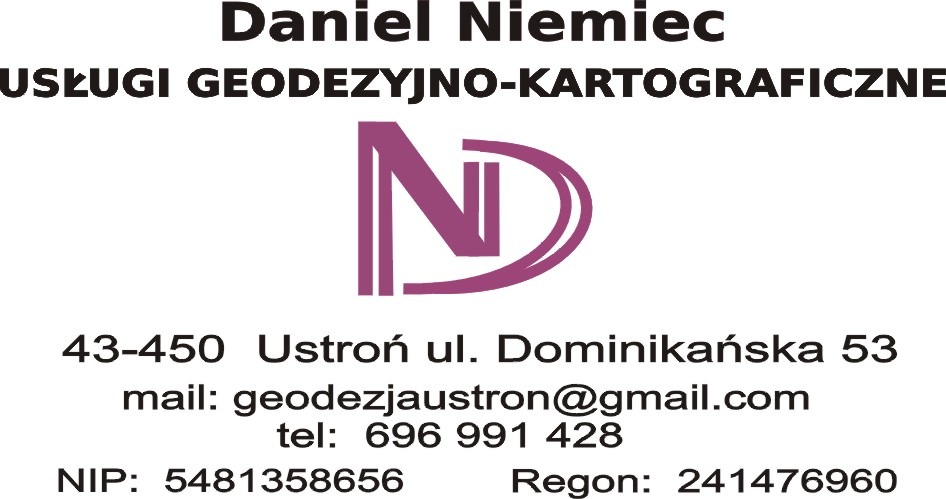 Wizytówka firmy Daniel Niemiec oferującej usługi geodezyjno-kartograficzne z fioletowym logo w kształcie litery N wpisanej w kształt litery D, adres, e-mail, telefon, NIP i REGON.