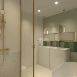 Nowoczesna łazienka z elementami złota: deszczownica, armatura, ramy luster i kabiny prysznicowej; podwójna umywalka z blatem z jasnego kamienia, zielona mozaika na ścianie i wiszące lampy.