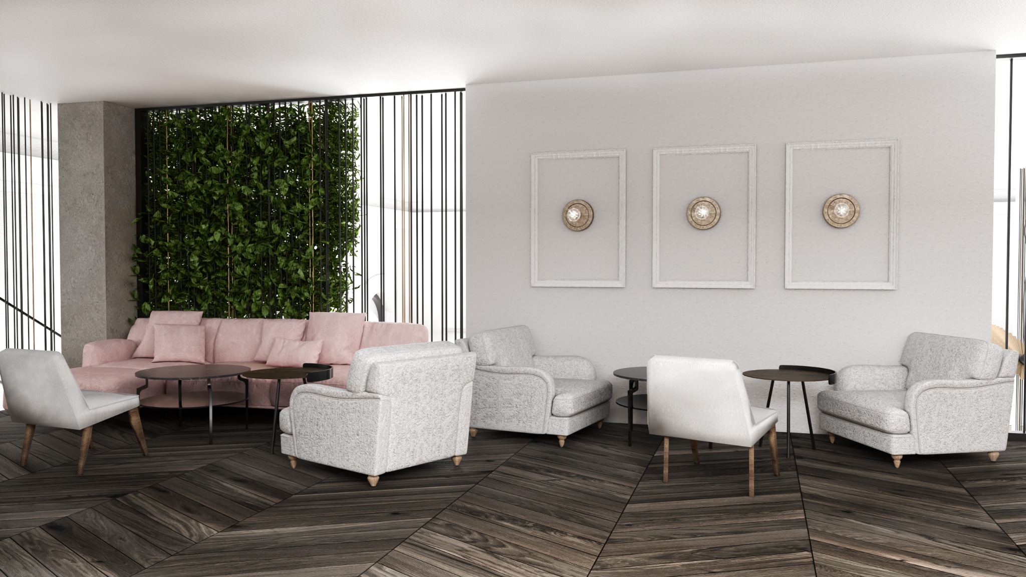 Jasny salon z parkietem w jodełkę, różową sofą, szarymi fotelami, trzema okrągłymi lampami w białych ramach i ścianą z zieleni.