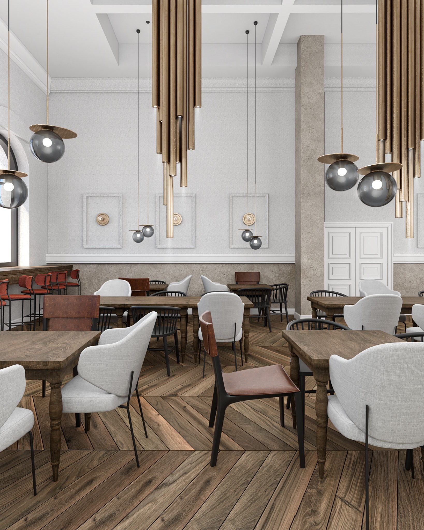 Wnętrze restauracji z drewnianymi stołami, krzesłami w odcieniach bieli, brązu i czerni, parkietem ułożonym w jodełkę oraz nowoczesnymi lampami wiszącymi.