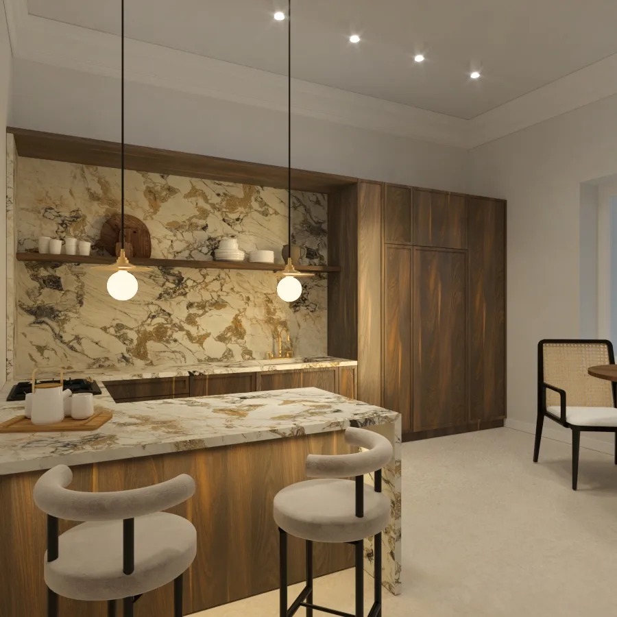 Nowoczesna kuchnia z marmurowym blatem wyspowym, drewnianymi szafkami i dwiema okrągłymi lampami wiszącymi, uzupełniona o dwa szare hokery i rattanowe krzesło w tle.